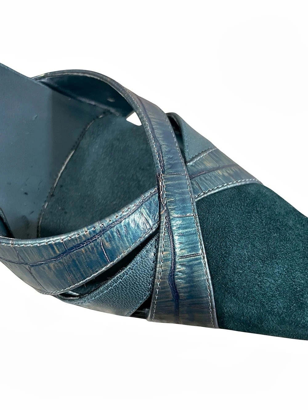 Alfani Teal Blue Croc Embossed Leather Suede Pointed Toe Mule Kitten Heels 7.5M - Picture 4 of 11